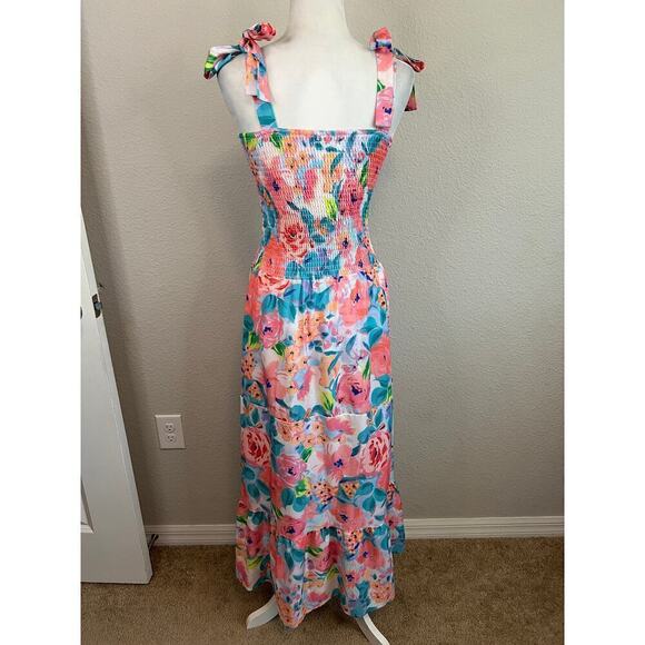 New Sunday Up Maxi Sundress Women's M Smocked Pink Floral Summer Dress Feminine - Picture 4 of 8